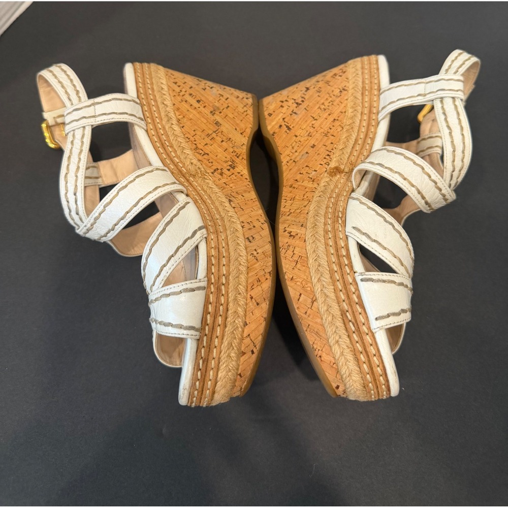 Prada White Whipstitch Leather Espadrille Platform Wedge Sandals Sz 7.5 - Picture 3 of 9